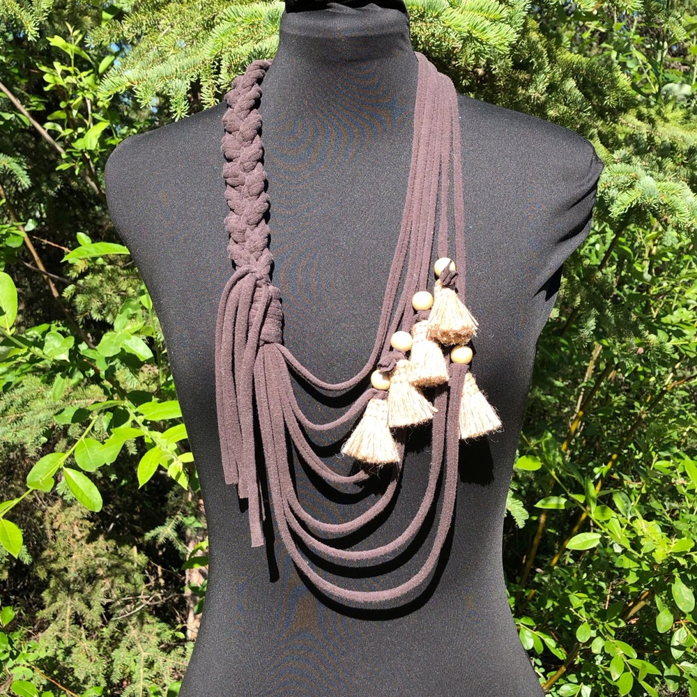 Brown Recycled Fabric Graduated Multi Strand Necklace Wood Beads Burlap Tassels